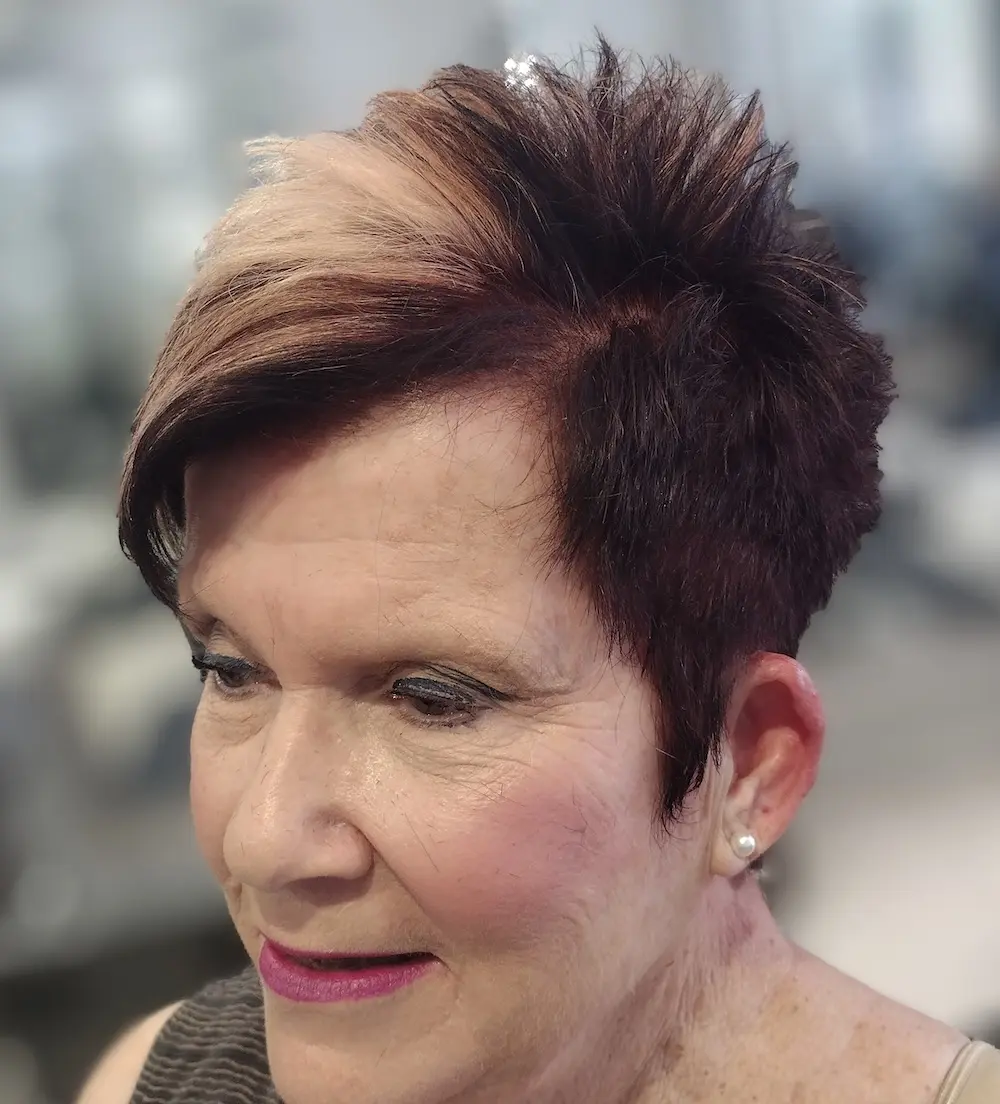 Hair color transformation showing before and after - blonde hair transformed to vibrant purple
